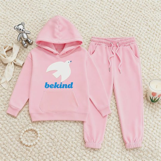 【2Y-13Y】Fleece-Lined Hoodie And Joggers Set With Be Kind Pigeon Design For Kids