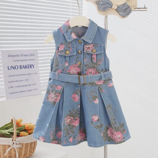 【18M-7Y】Girls' Floral Print Sleeveless Waist-Cinching Lapel Denim Tank Dress