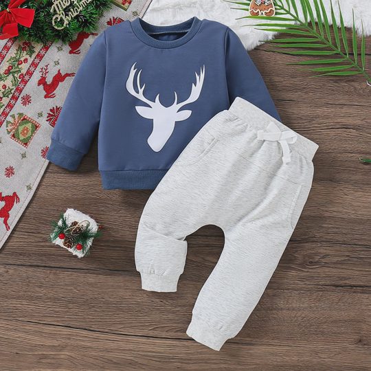 【3M-3Y】2-piece Baby Boys Cute Cotton Deer Print Round Neck Sweatshirt And Pants Set