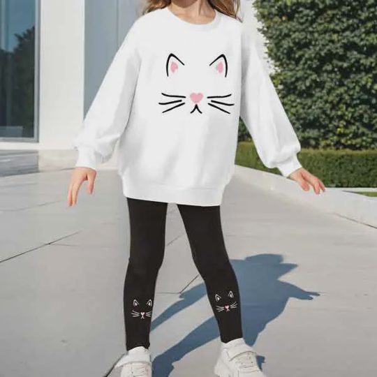 【3Y-12Y】2-piece Girls Cat Print Sweatshirt And Leggings Set