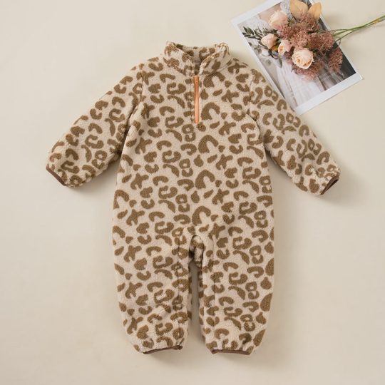 【3M-24M】Unisex Long Sleeve Leopard Print Double-Sided Fleece Warm Jumpsuit