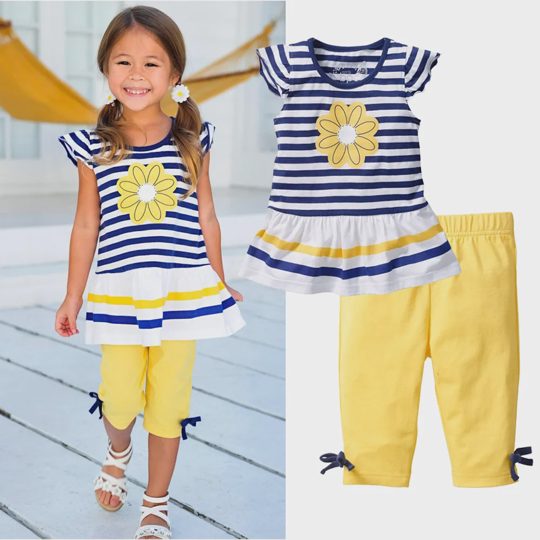 【9M-6Y】2-piece Girls Striped Floral Print T-shirt And Leggings Set - 34619