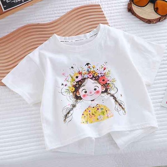 【18M-10Y】2pcs Young Girl Cartoon Character Print Short Sleeve Top And Flower Pattern Pants Set
