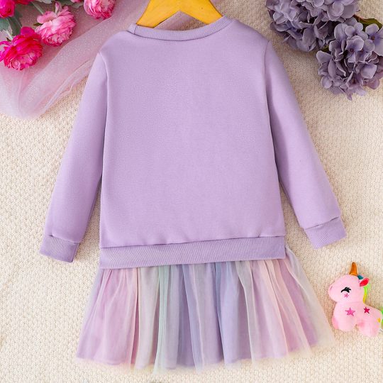 【2Y-7Y】Girls Cute Unicorn Print Purple Sweatshirt Dress