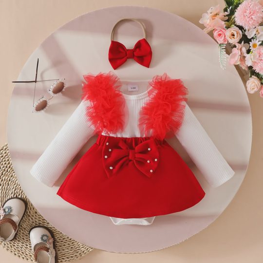 【0M-18M】Girls' Long Sleeve Ribbed Mesh Bow Beaded Romper Dress Set