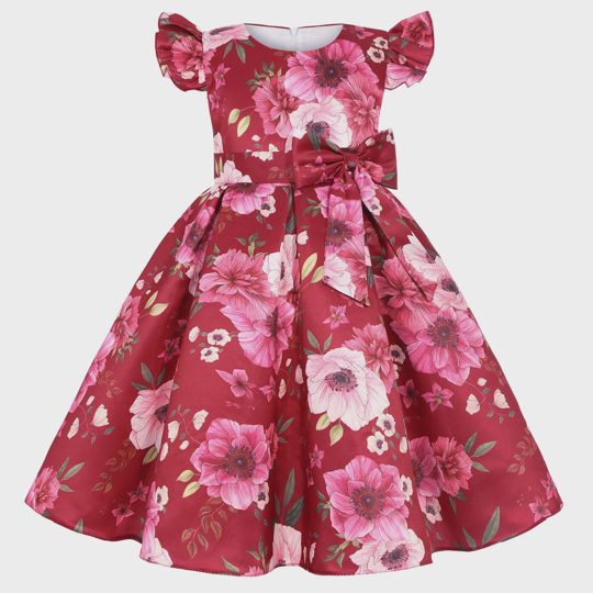 【2Y-10Y】Girls Elegant Flower Print Bow Princess Dress