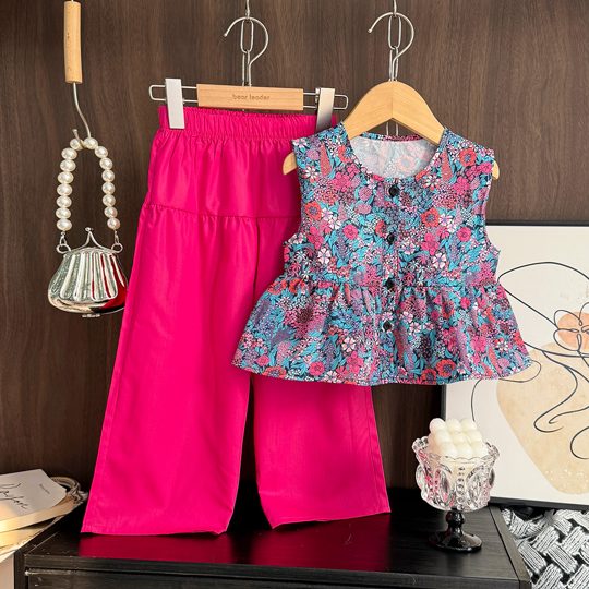 【2Y-7Y】Girls' Floral Sleeveless Top & Wide-Leg Pants Set
