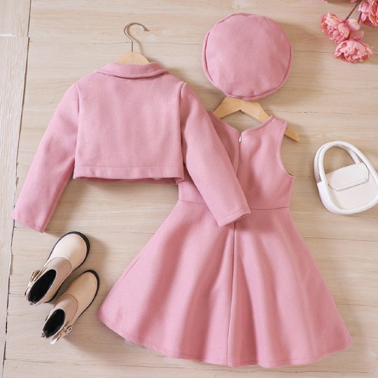 【18M-6Y】3pcs/Set Young Girl Short Jacket + Jumper Dress, Comes With Bow Beret Hat, Autumn/Winter
