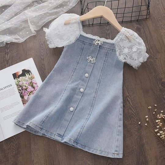 【18M-7Y】Girls' Elegant Pearl Puff Tulle Sleeve Patchwork Soft Denim Dress