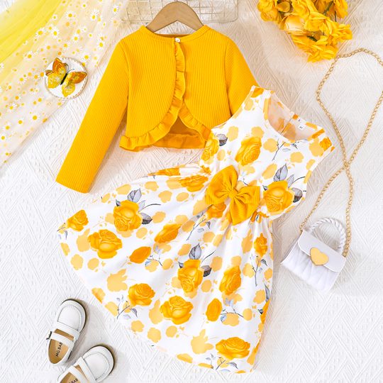 【2Y-8Y】2-piece Girls Sweet And Cute Floral Print Sleeveless Dress And Yellow Cardigan Set