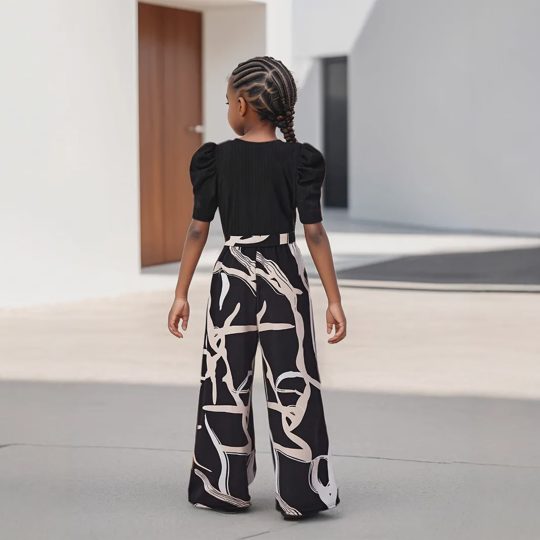 【3Y-13Y】2-piece Girls Black Puff Sleeves Top And Pants Set