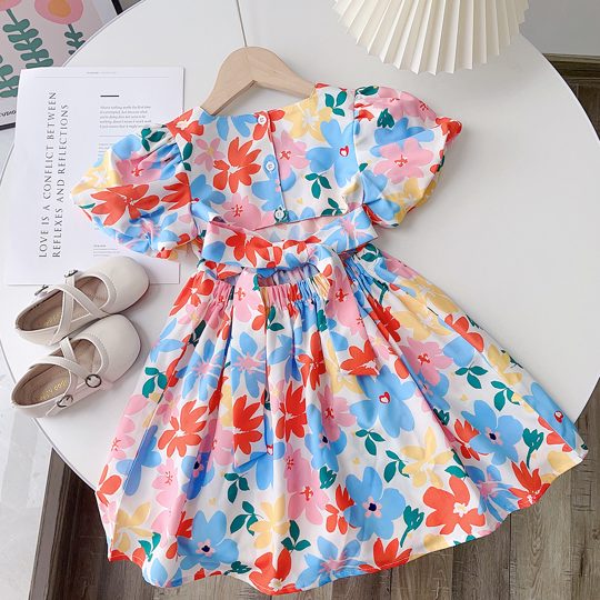 【2Y-7Y】Girls' Puff Sleeve Backless Floral Dress