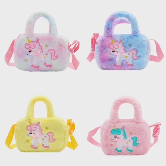 Girl Cute Fashion Faux Fur Unicorn Embroidered Square Handheld Crossbody Bag