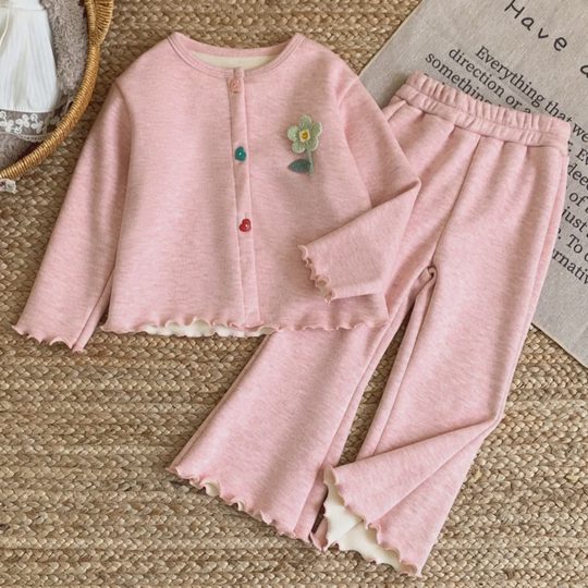【12M-10Y】2-piece Girls Sweet Velvet Keep Warm Long-sleeved Top And Flare Pants Set