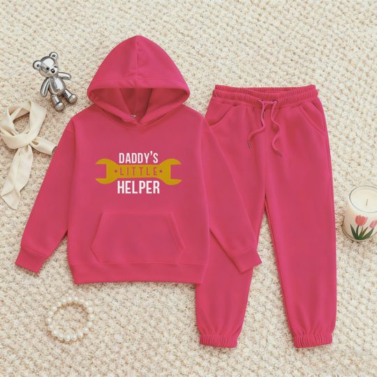 【2Y-13Y】Fleece-Lined Hoodie And Joggers Set With Daddy's Little Helper Design For Kids