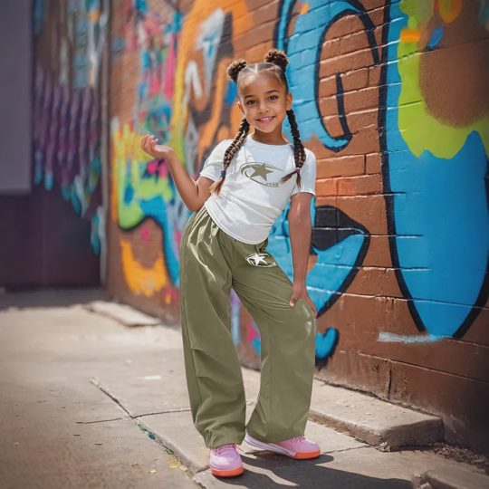 【4Y-13Y】2-piece Girls Star Print Shirt And Green Pants Set