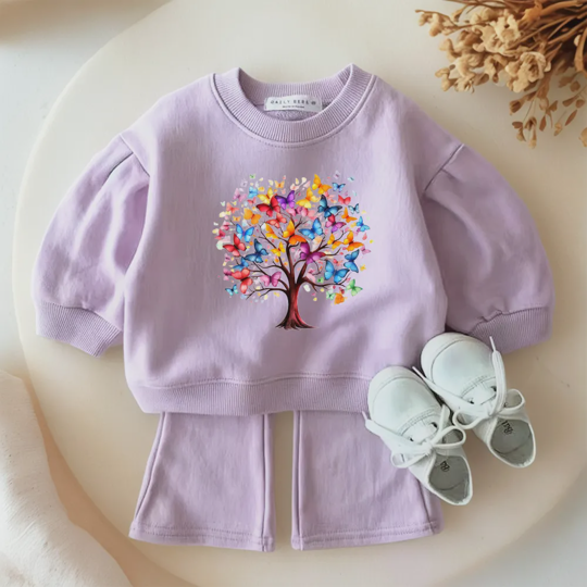 【12M-9Y】Colorful Butterfly Tree Print Kids Fleece-Lined Sweatshirt And Flare Pants Set