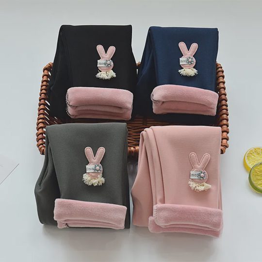 【18M-7Y】Girls Thick Fleece Bunny Applique Leggings