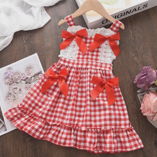 【18M-8Y】Girls Red Plaid Bow Backless Dress - 33388