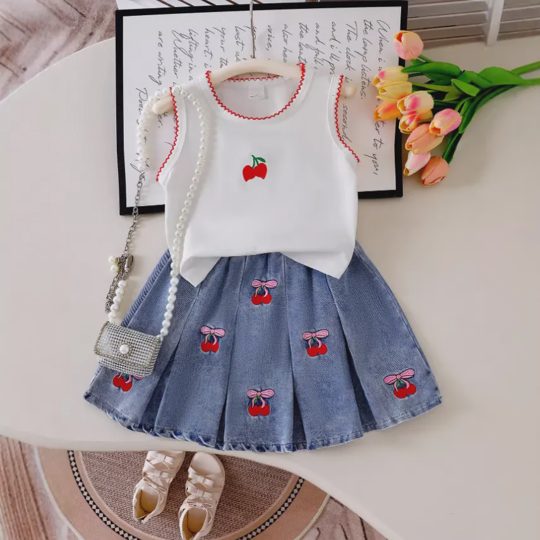 【2Y-7Y】Girls' Sleeveless Top + Cherry Embroidered Pleated Denim Skirt 2-Piece Set