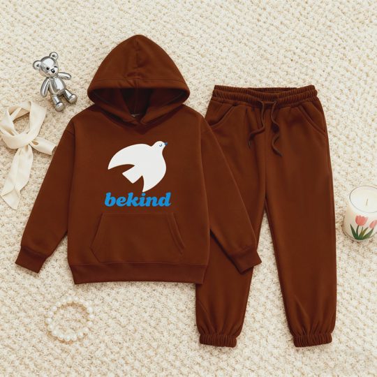 【2Y-13Y】Fleece-Lined Hoodie And Joggers Set With Be Kind Pigeon Design For Kids