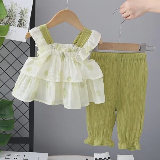 【12M-5Y】Girls' Cute Polka Dot Tank Top & 7/8 Pants Set