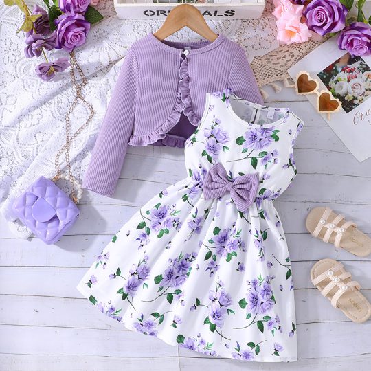 【2Y-8Y】2-piece Girls Elegant Floral Print Bowknot Sleeveless Dress And Ruffled Long Sleeve Top Jacket Set