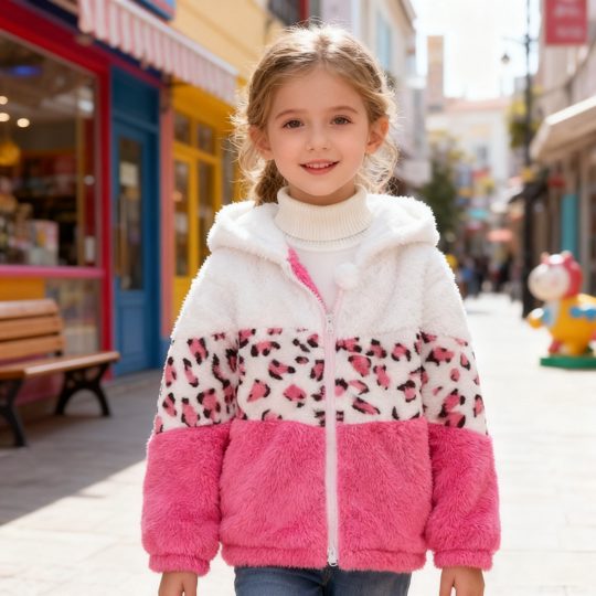 【18M-8Y】Girls Casual Leopard Print Sherpa Keep Warm Colorblock Hooded Coat