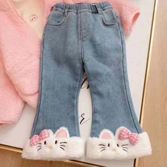 【18M-6Y】Girls Thick Fleece Plush Cat Embroidered Jeans