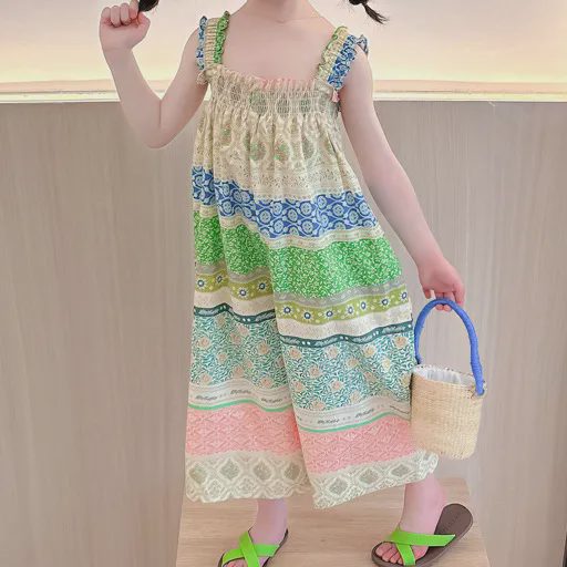 【18M-8Y】Girls Casual Vintage Pattern Print Boho Sling Jumpsuit - 3912