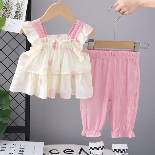 【12M-5Y】Girls' Cute Polka Dot Tank Top & 7/8 Pants Set