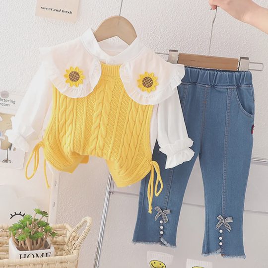 【12M-5Y】Girls Solid Peter Pan Collar Long-Sleeve Blouse, Knit Sweater Vest, And Wide-Leg Pants 3-piece Set
