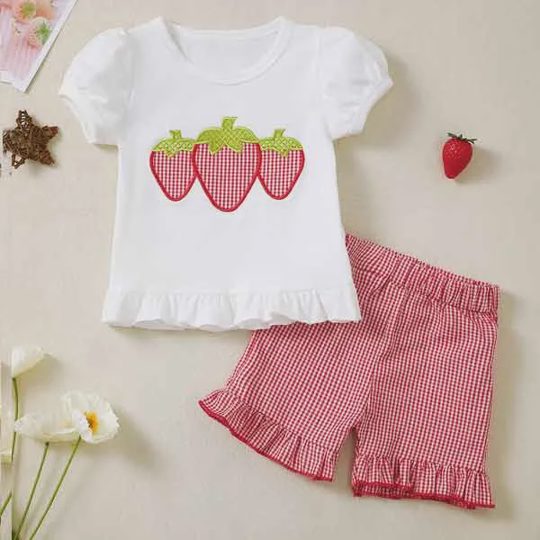 【3M-4Y】Baby Girl Strawberry Embroidery White Ruffle Hem Top + Red Plaid Shorts, Elegant Cute Series, Best Gift For Baby