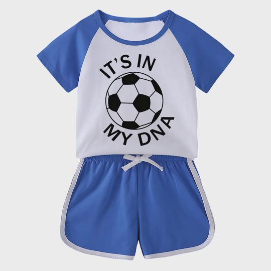 【18M-11Y】Toddler Soccer 'It's In My DNA' 2-Piece Outfit - Sporty Graphic Raglan Top & Shorts Set For Kids