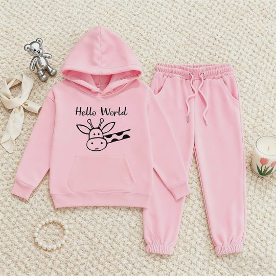 【2Y-13Y】Festive Fleece-Lined Hoodie And Jogger Set Hello World Giraffe Design For Kids