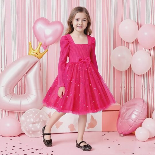 【2Y-7Y】Girls' Long Sleeve Patterned Mesh Patchwork A-Line Princess Dress With Bow Belt