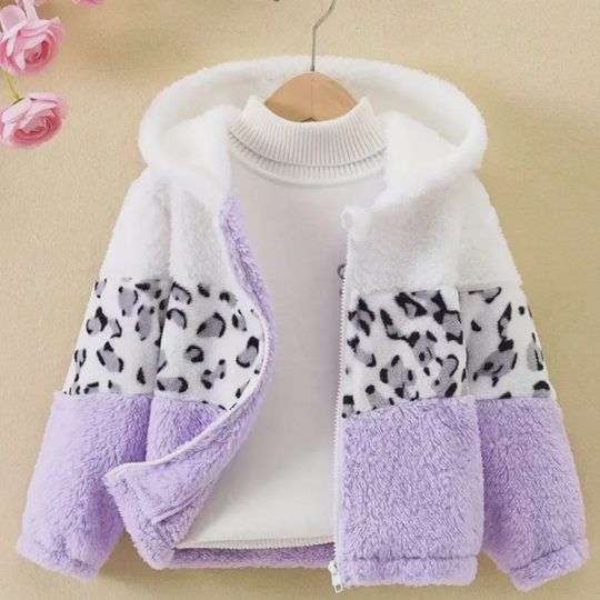 【18M-8Y】Girls Casual Leopard Print Sherpa Keep Warm Colorblock Hooded Coat