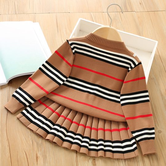 【18M-7Y】Girls Striped Sweater Cardigan And Pleated Skirt Set