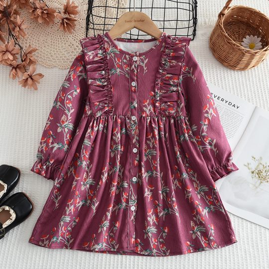 【2Y-7Y】Girls Vintage Ditsy Floral Ruffle Trim Corduroy Smock Dress, Autumn/Winter
