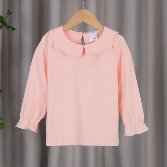 【6M-6Y】Girls Versatile Solid Color Peter Pan Collar Lace-Trim Long-Sleeve Cotton T-Shirt