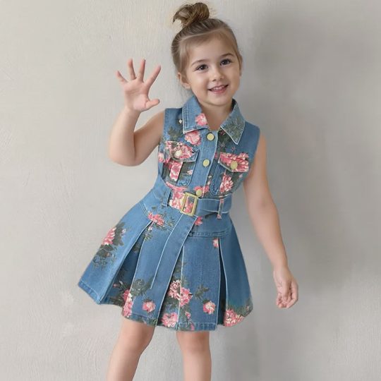 【18M-7Y】Girls' Floral Print Sleeveless Waist-Cinching Lapel Denim Tank Dress