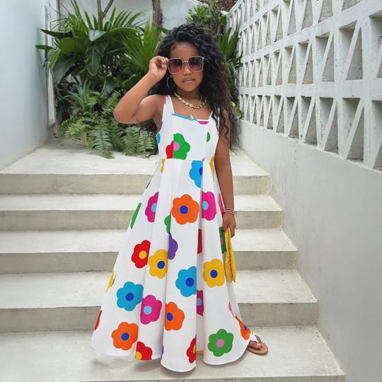 【5Y-15Y】Girls' Casual Floral Print Tie-Strap Dress