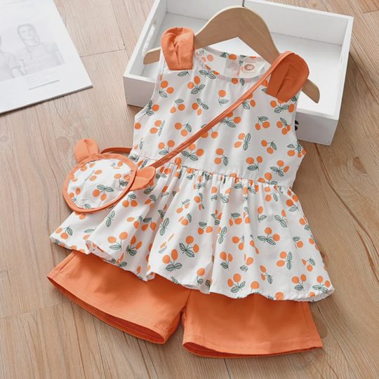 【12M-5Y】Girl Sweet Cherry Print Color Block Sleeveless Top And Shorts Set With Bag - 34398