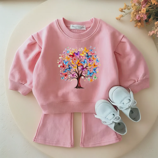 【12M-9Y】Colorful Butterfly Tree Print Kids Fleece-Lined Sweatshirt And Flare Pants Set
