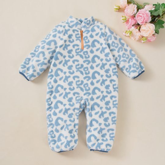 【3M-24M】Unisex Long Sleeve Leopard Print Double-Sided Fleece Warm Jumpsuit