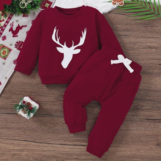 【3M-3Y】2-piece Baby Boys Cute Cotton Deer Print Round Neck Sweatshirt And Pants Set