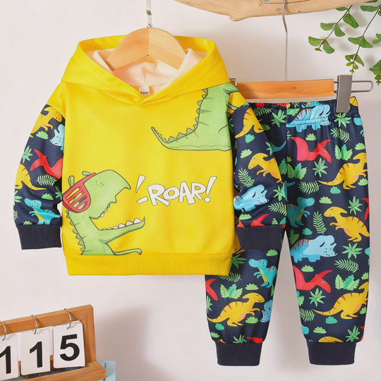 【6M-3Y】Boys Fleece-Lined Hooded Dinosaur Print Long Sleeve Top And Pants Set