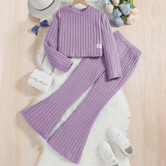 【8Y-13Y】Girls Ribbed Long-Sleeve Top And Flared Knit Pants Set