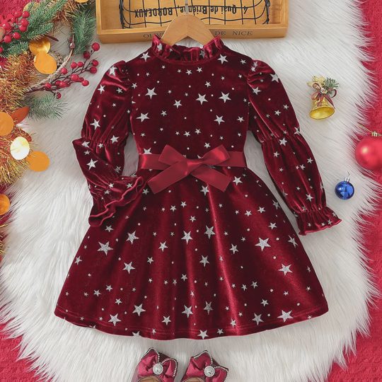 【3Y-7Y】Girls Sweet And Fashionable Silver Star Print Burgundy Velvet Party Dress