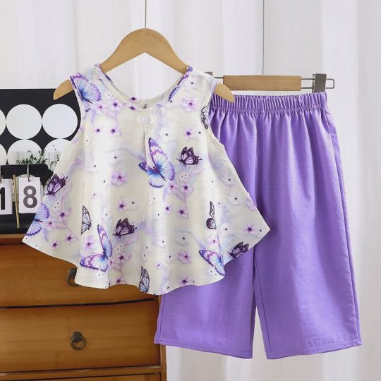 【18M-11Y】2-piece Girls Butterfly Floral Vest And Pants Set